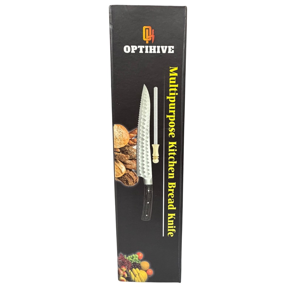 Optihive Kitchen‎ Bread Knife Hammered Stainless Steel with Sharpener NEW